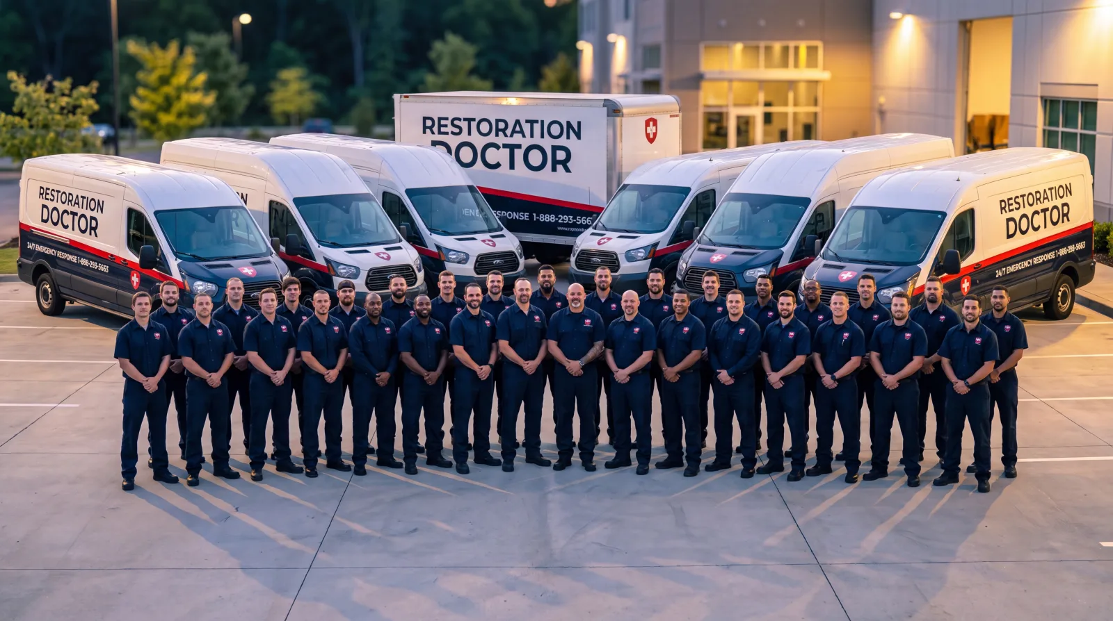 Uniformed Restoration Doctor crews — the technicians, tradesmen, and project managers behind the company's 24/7 emergency response