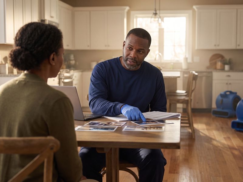 Illustrative rendering: a technician sits at a kitchen table with a homeowner, going through a printed job file and a paper drying log.